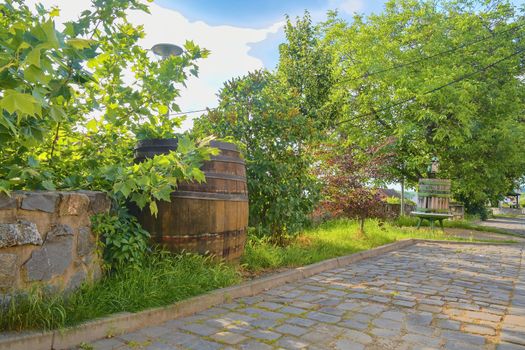 Old wine press and rustic wine barrel.. Wine background in Europe. Czech Republic, South Moravia. 