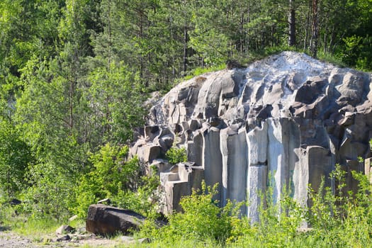 Basalt columns pile landscape rock and forest. Beautiful stone landscape