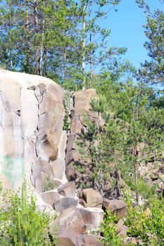 Basalt rock columns in nature. Beautiful stone landscape