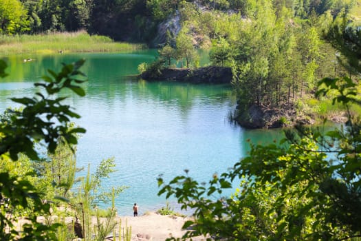 Lake in the mountains and green forest trees view from above. Beautiful sunny landscape