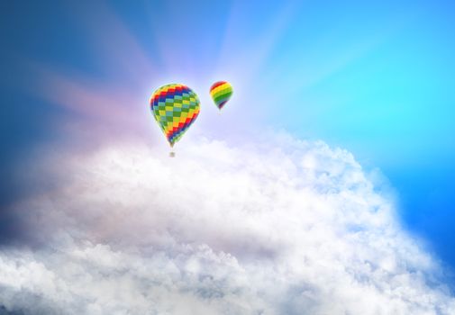 Color hot air balloon in blue sky with clouds and sun rays. 3d illustration.