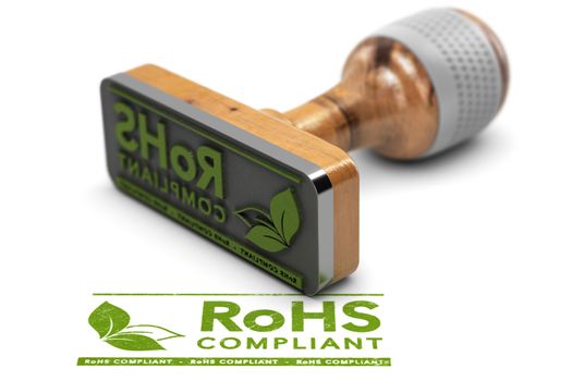 3D illustration of a rubber stamp with the text RoHS Compliant stamped over white background