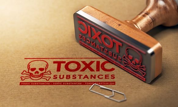 3D illustration of a rubber stamp with the text toxic substances stamped on paper background