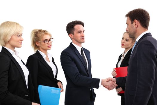 Business people shaking hands, finishing up a meeting, isolated on white background