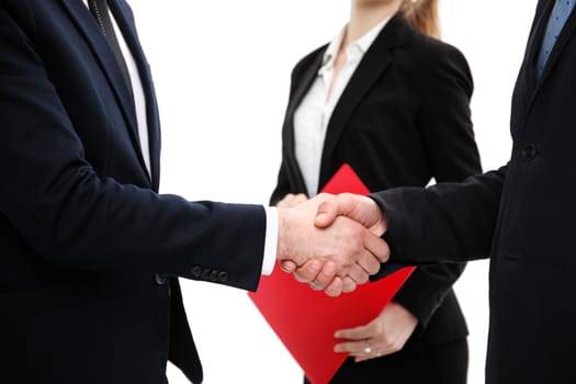 Business people shaking hands, finishing up a meeting, isolated on white background