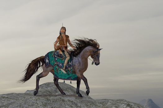 A North American Indian brave searches the mountains on his horse for big game to bring back to his tribe.