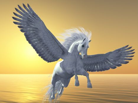 Pegasus is a mythical white divine horse with long flowing mane and tail rises into the sky with powerful wings beats.