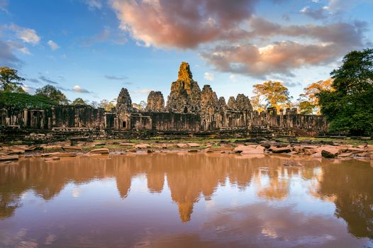 Bayon Temple with giant stone faces, Angkor Wat, Siem Reap, Cambodia.