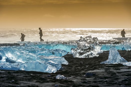 Ice on the black beach near Jokulsarlon glacier lagoon, daimond beach, Iceland.