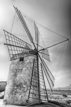 Old windmill for salt production in Motya near Trapani, Sicily, Italy