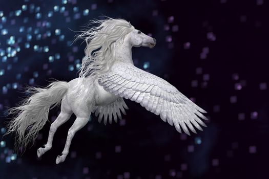 Pegasus is a mythical white divine stallion with long flowing mane and tail rises into the sky with powerful wings.