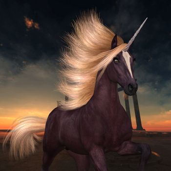 A flashy unicorn with a liver chestnut coat prances near ruins of a lost Roman or Greek city.