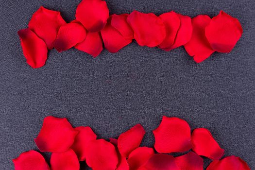 Artificial petals red roses black background frame