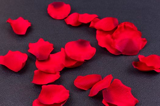 Artificial petals red roses black background frame