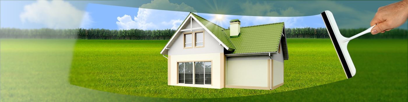 banner with a picture of a scraper for cleaning windows with a house on a green background