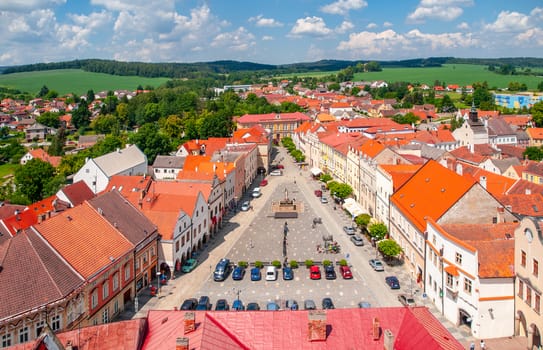 Aerial view of Peace Town Square from bell tower in Slavonice, Czech Canada, Czechia.