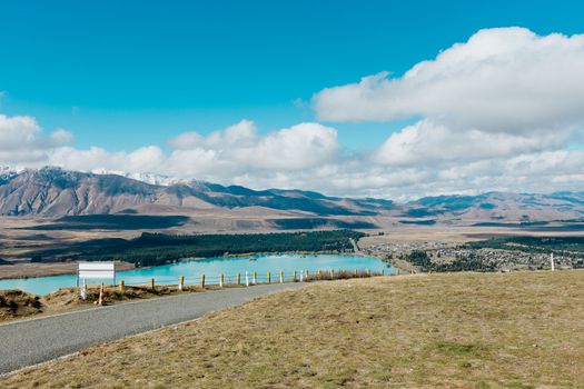 Aerial view of Lake Tekapo from Mount John Observatory in Canterbury, New Zealand