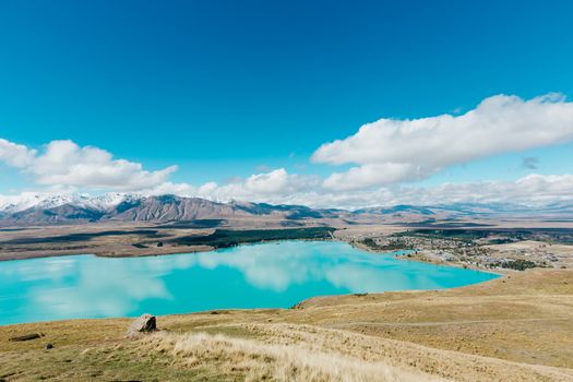 Aerial view of Lake Tekapo from Mount John Observatory in Canterbury, New Zealand