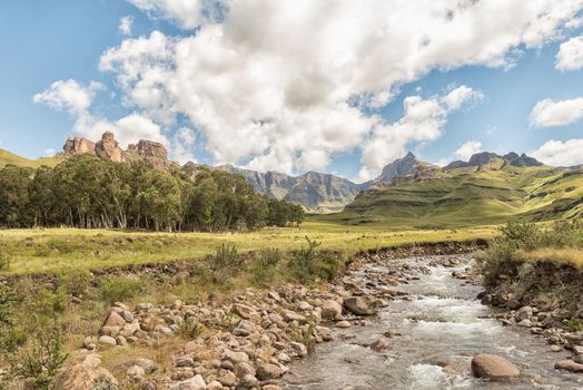 Garden Castle in the Drakensberg near Underberg. Hermits Wood Camp Site is visible between the trees and the Mlambonja River in front. Rhino Peak (3056m) is visible in the back