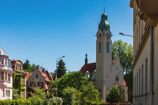 Square B. Nemcove in the background church of St. The cross, Jablonec nad Nisou, Czech republic