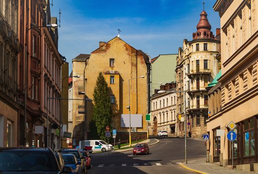View of the streets of Podhorska and Smetanova, Jablonec nad Nisou, Czech Republic 