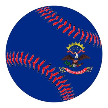 A new white baseball with red stitching with the North Dakota state flag overlay isolated on white