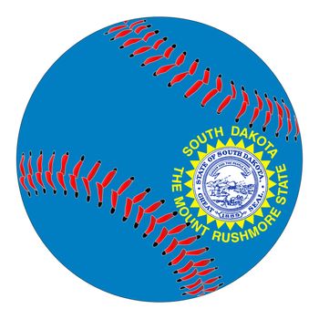 A new white baseball with red stitching with the South Dakota state flag overlay isolated on white