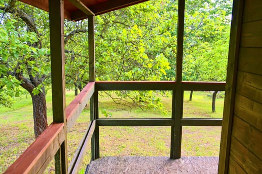 Small house cabin shed. Cute summer cabin in rural orchard.  Close-up.