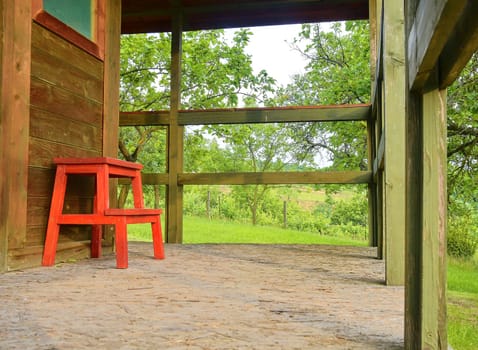 Small house cabin shed. Cute summer cabin in rural orchard.  Close-up.