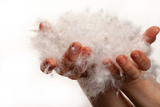 Woman's hands full of goose down on a studio background