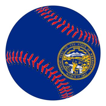 A new white baseball with red stitching with the Nebraska state flag overlay isolated on white