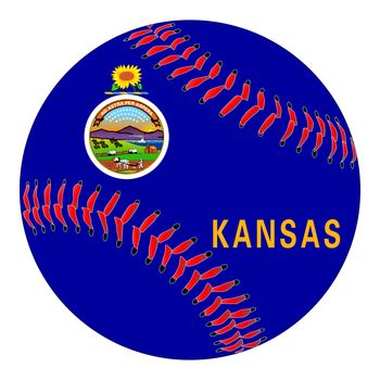 A new white baseball with red stitching with the Kansas state flag overlay isolated on white
