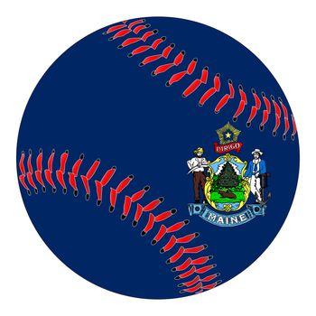 A new white baseball with red stitching with the Maine state flag overlay isolated on white