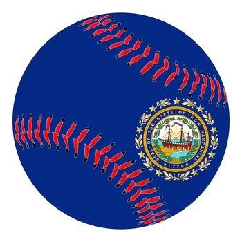 A new white baseball with red stitching with the New Hampshire state flag overlay isolated on white