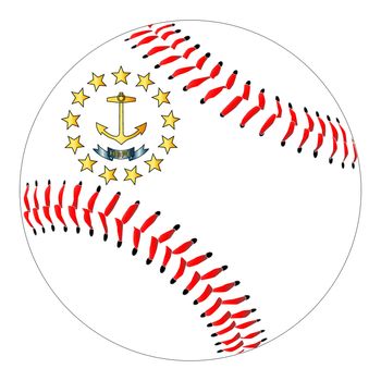 A new white baseball with red stitching with the Rhode Island state flag overlay isolated on white