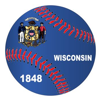 A new white baseball with red stitching with the Wisconsin state flag overlay isolated on white