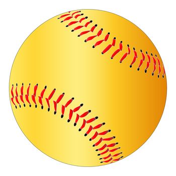 A yelow isolated softball with red stitching