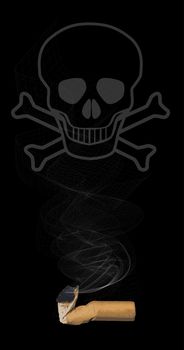 A smoking cigarette stub over a black background with a skull and crossbones