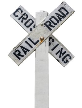 Isolated Rustic Wooden Railroad Crossing Sign In The USA
