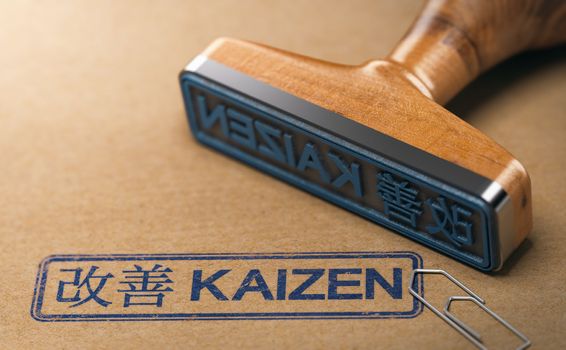3D illustration of a rubber stamp with the text kaizen in English and Japanese language stamped on paper background. Concept of continuous improvement.