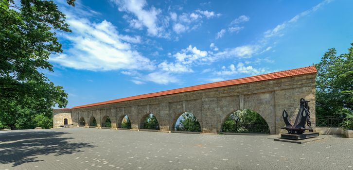 ODESSA, UKRAINE - 05.25.2018. Panoramic View of Quarantine arch and cargo harbor. Historical ruins, tourist attraction of the city of Odessa, Ukraine