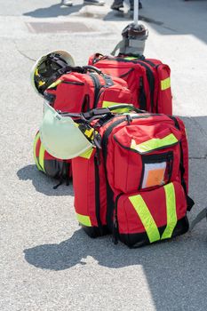Paramedics rescue gear and first aid backpack on strechers, emergency services, ambulance equipment, medical aid