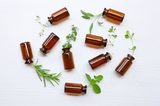 Top view, Bottle of essential oil with herbs on white.