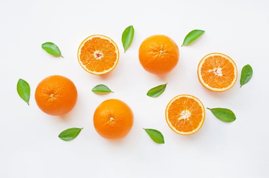Fresh orange citrus fruit isolated on white background.  Top view