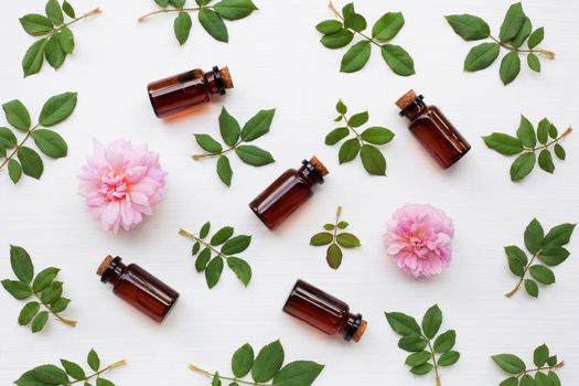 Bottles of essential rose oil for aromatherapy, Huntington Rose.