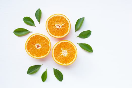 Fresh orange citrus fruit isolated on white background.  Top view