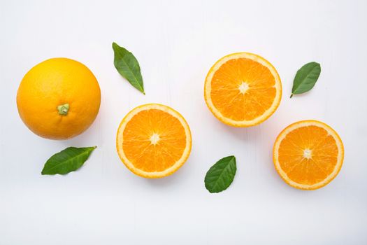 Fresh orange citrus fruit on white background. Top view