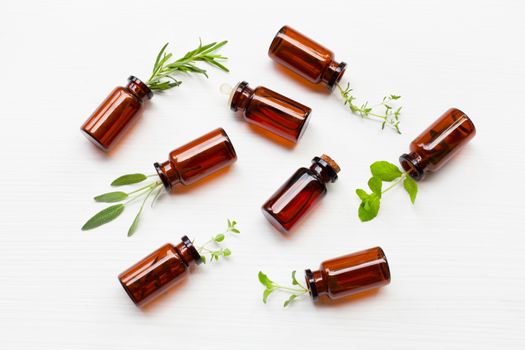 Top view, Bottle of essential oil with herbs  sage, rosemary, oregano, mint, thyme and lemon thyme  on white background.
