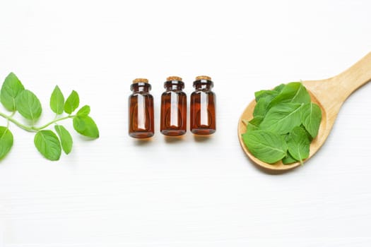Mint Essential Oil in a Glass Bottle with leaves on white background.