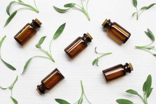 Natural sage essential oil with sage leaves on white  background.